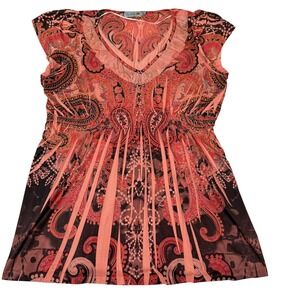 Boho Lightweight Tunic Top PXL Empire Waist Slinky Knit Paisley Flowy Resortwear